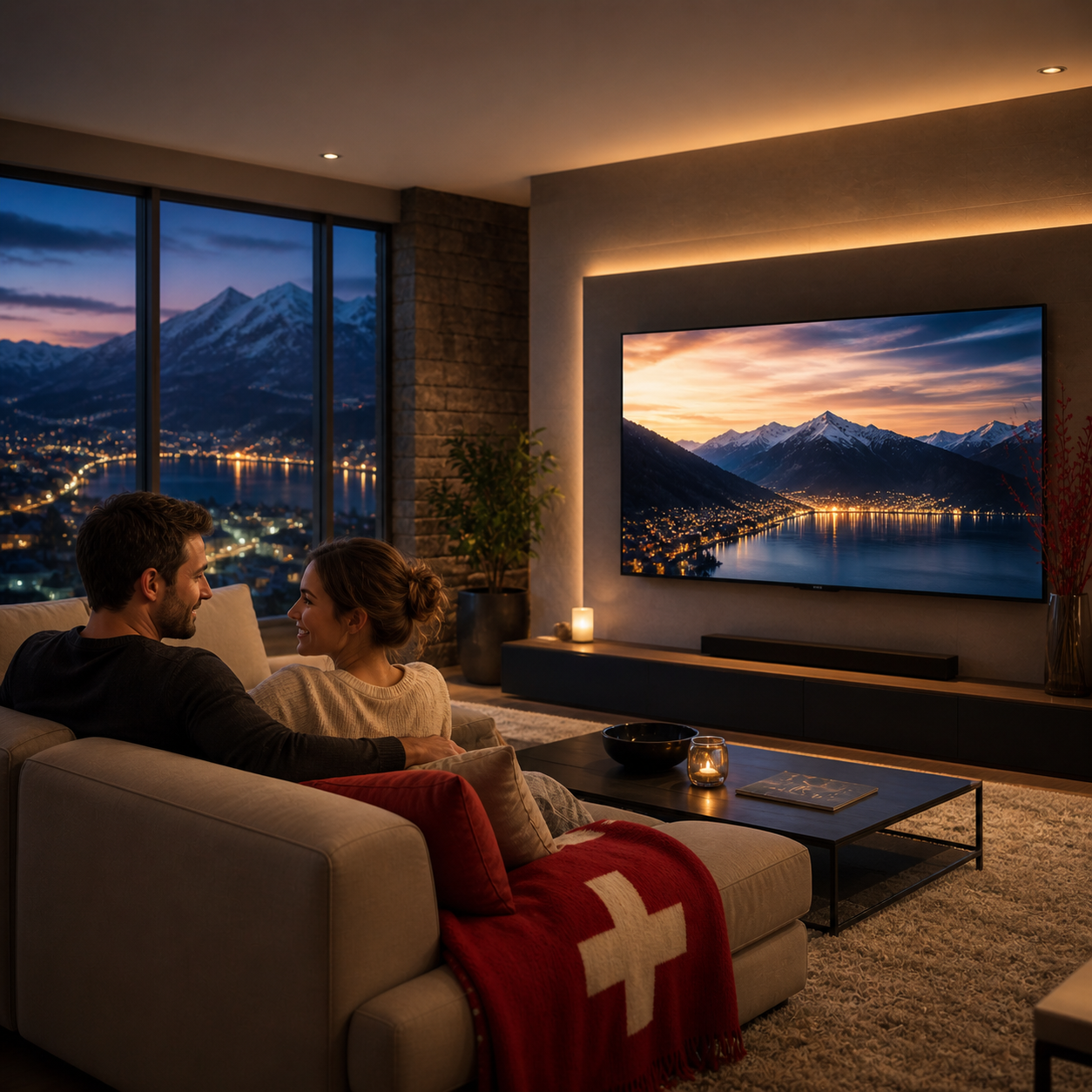 Couple regardant l'IPTV Suisse en streaming sur leur télévision