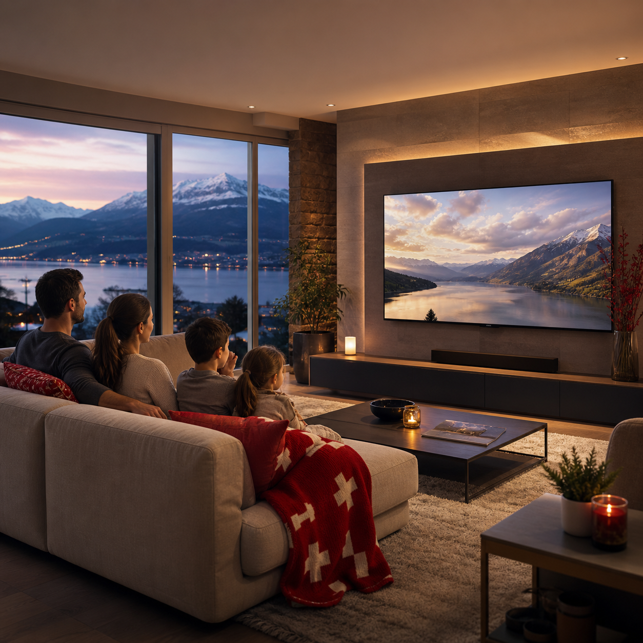 Famille suisse qui regarde la TV en streaming IPTV 4K