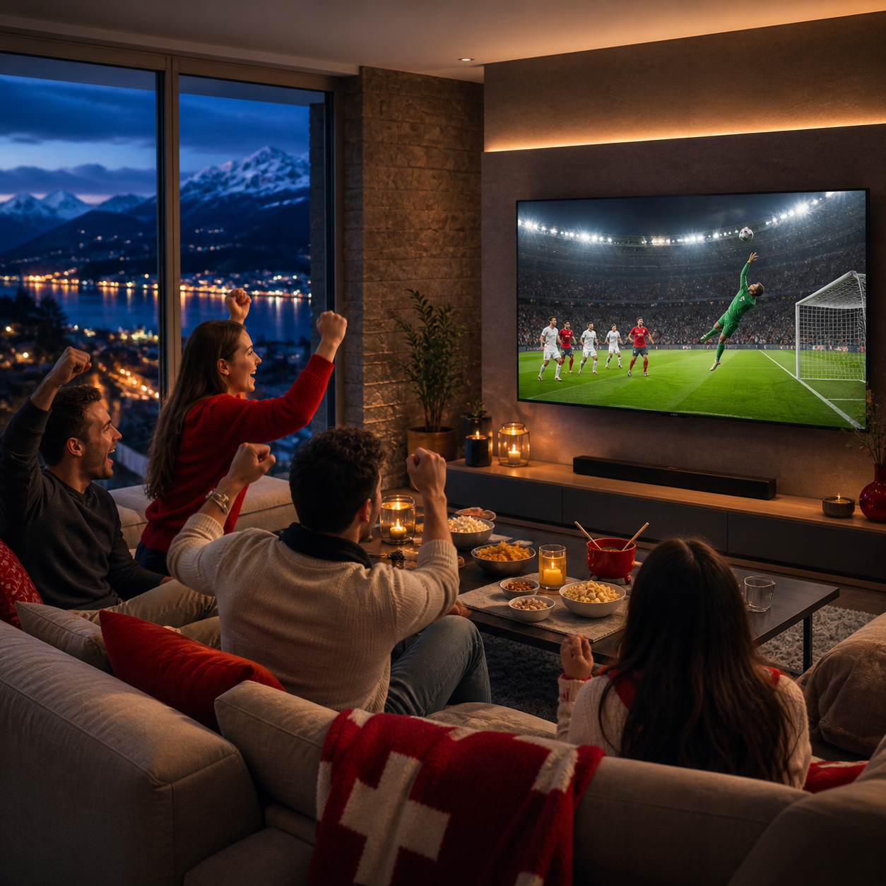 Groupe d'amis regardant un match de football en direct sur IPTV