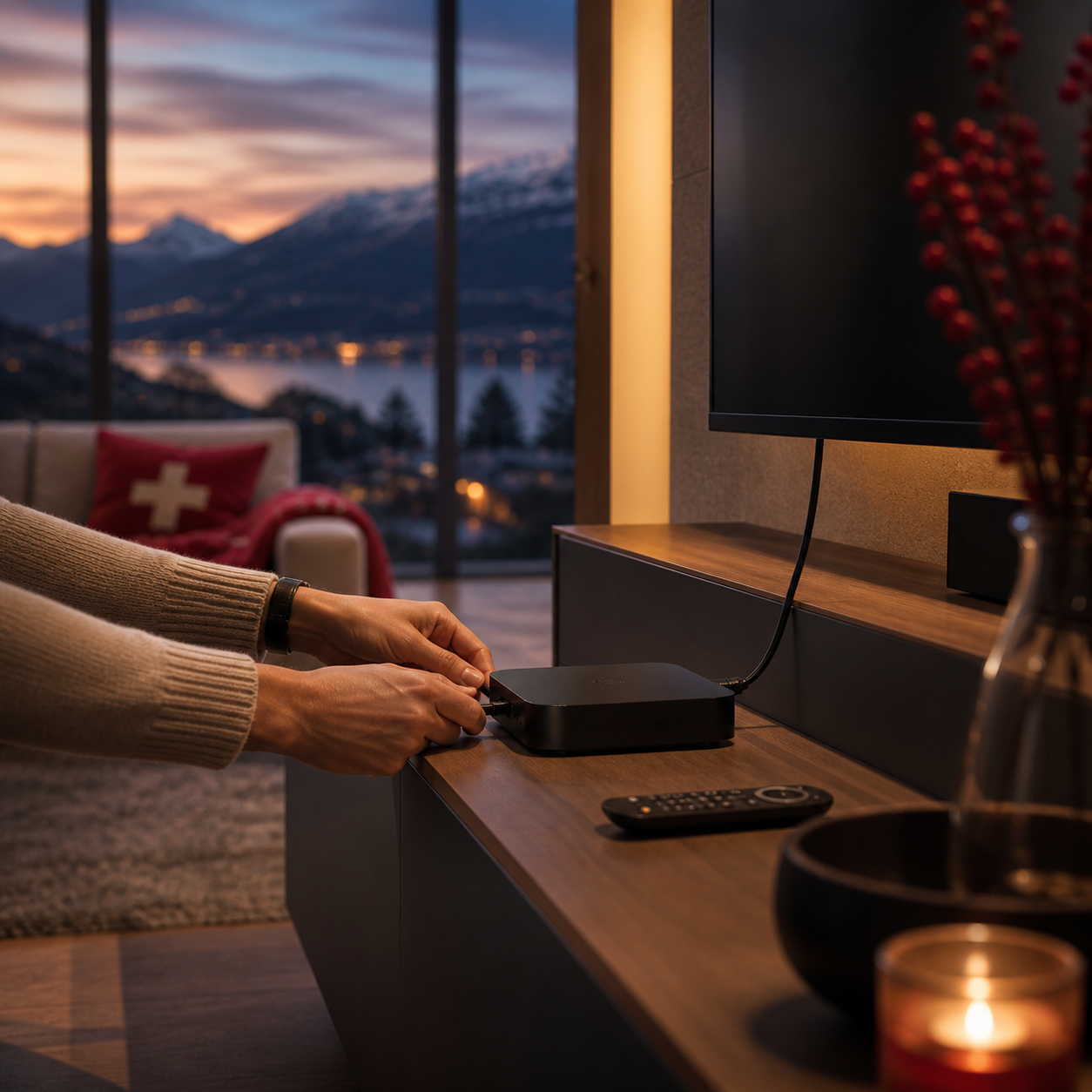 Box IPTV professionnelle sous un téléviseur — IPTV Alp Suisse